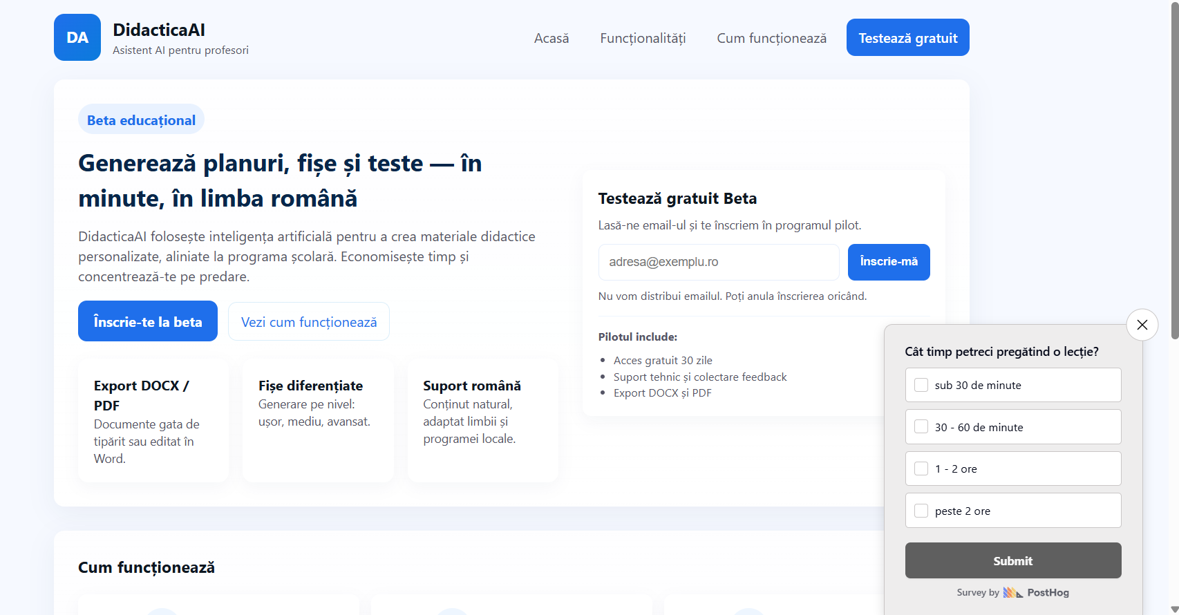 Survey DidacticaAI afișat pe landing page